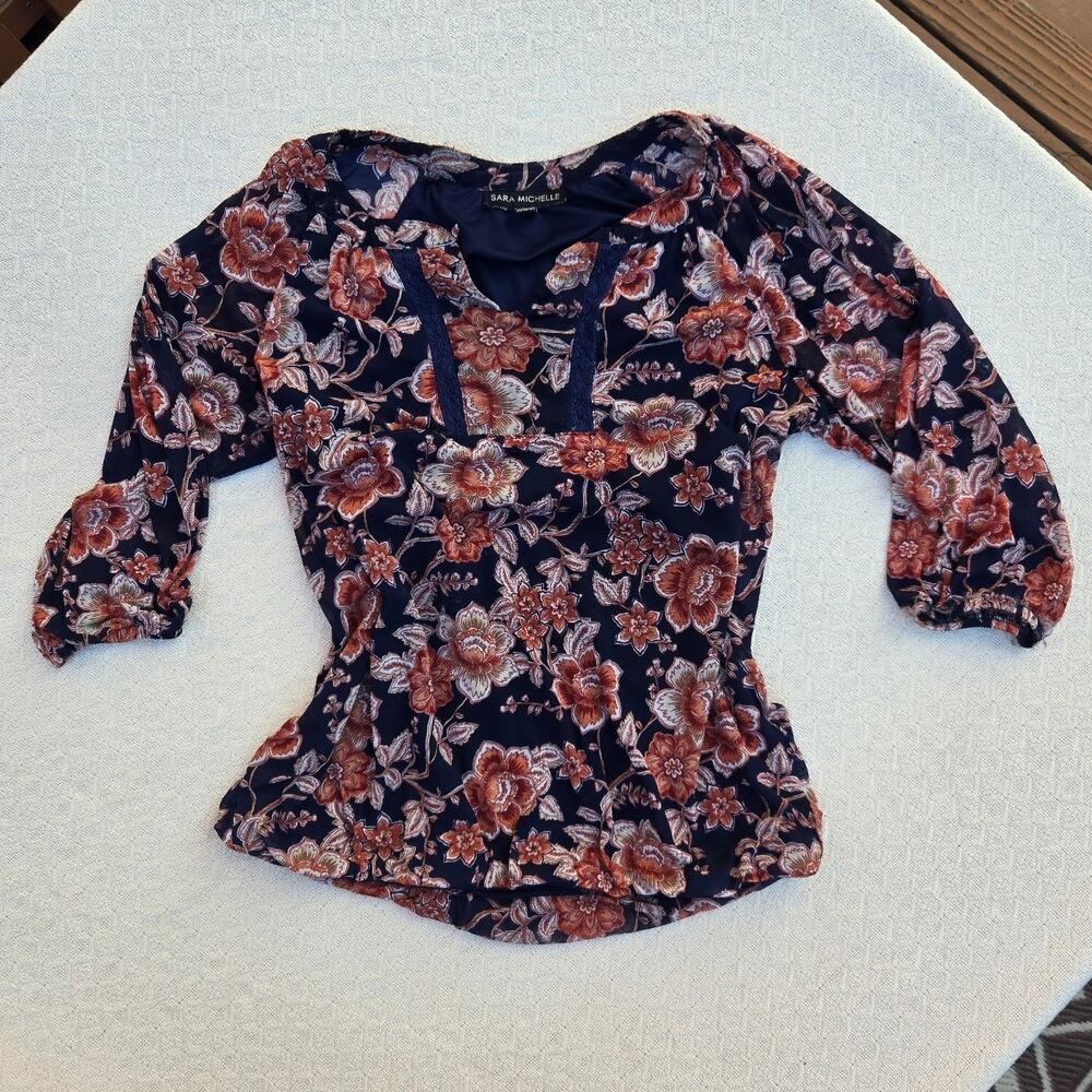 navy & rust floral mesh blouse